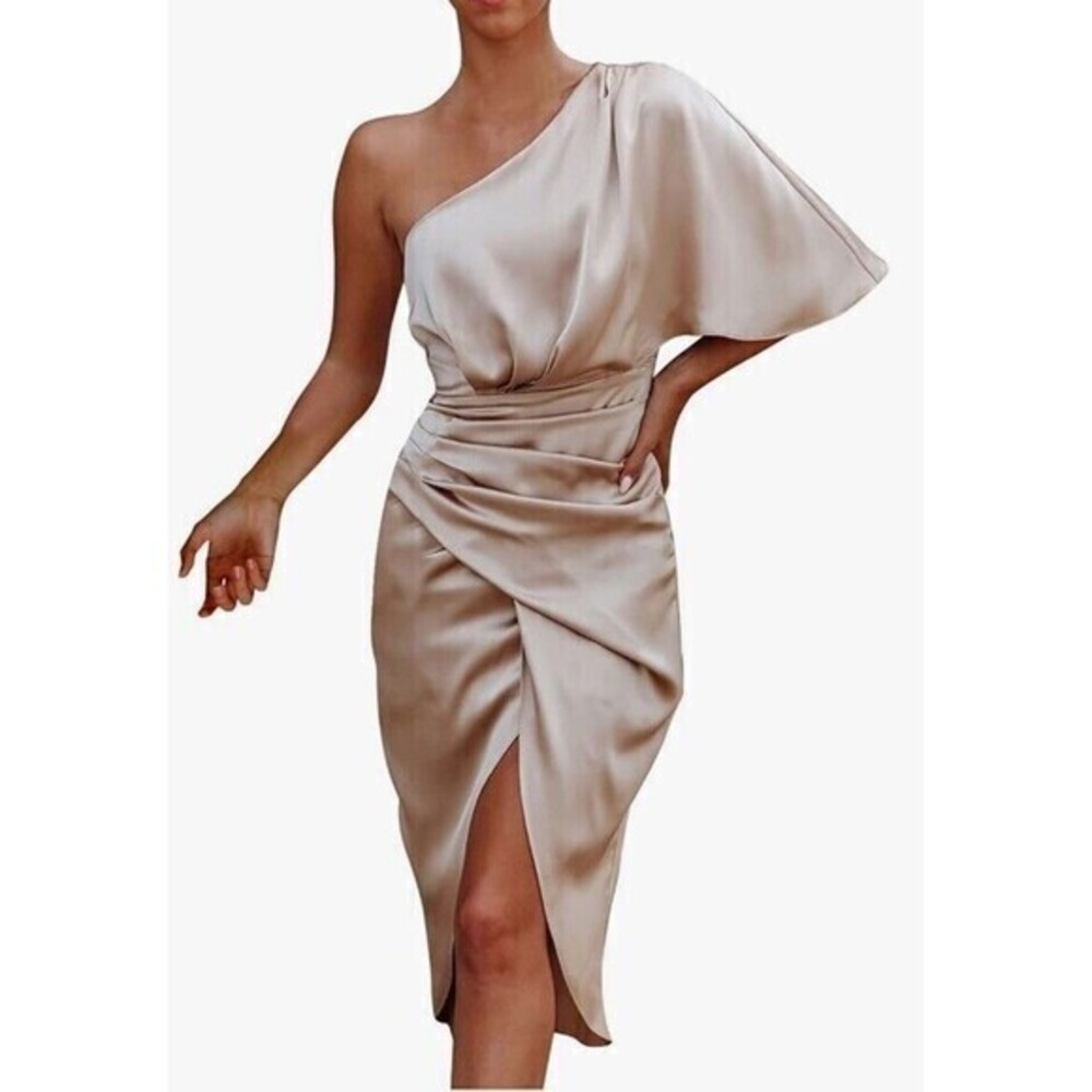 Measure One Shoulder Satin Midi Dress in White Womens Sz Small - Picture 1 of 9